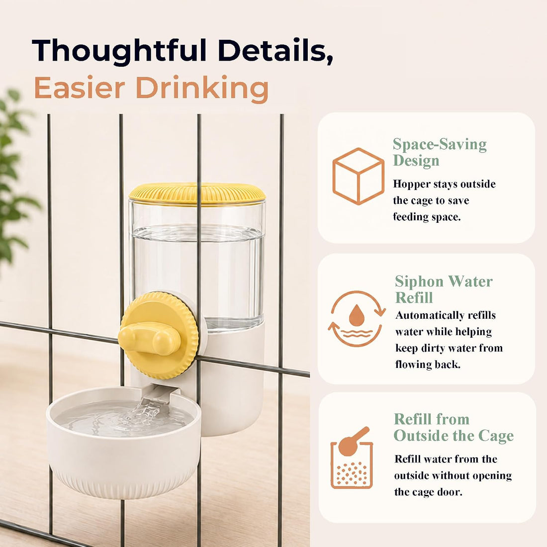 34 oz Cage-Hanging Gravity Water Bowl & Pet Water Dispenser