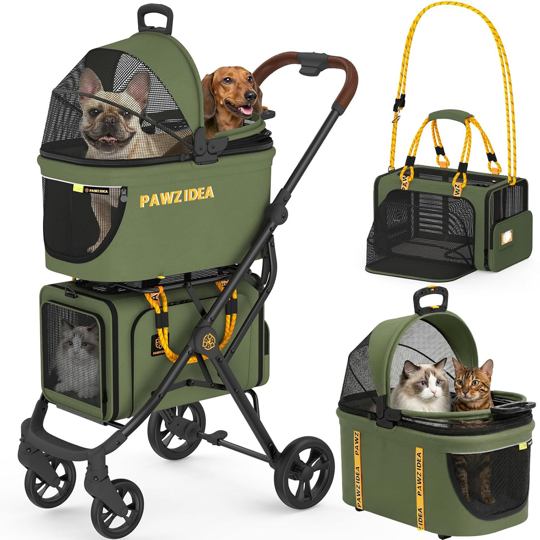 PAWZIDEA Double Pet Stroller with 2 Detachable Carrier for Multiple