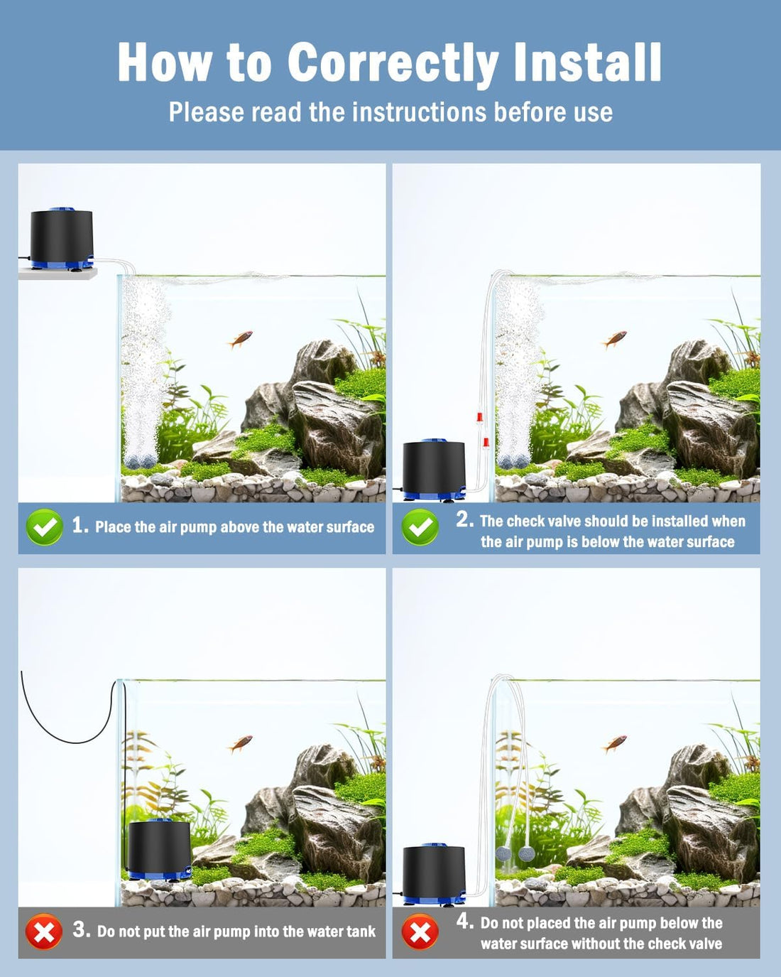 AQQA Aquarium Air Pump, 3W Powerful Dual Outlet Adjustable Oxygen