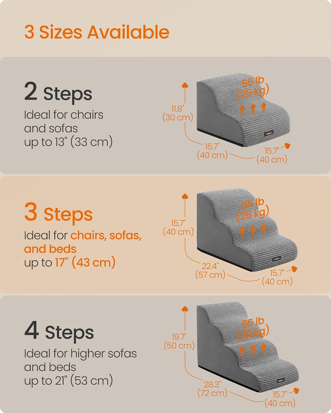 Feandrea 3-Step Dog Stairs, Dog Steps for Bed, Sofa