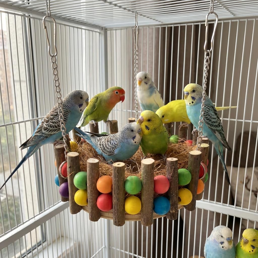 KraAra 3-in-1 Parrot Hammock Bird Nest Bed Swing Toys with Wood Perch