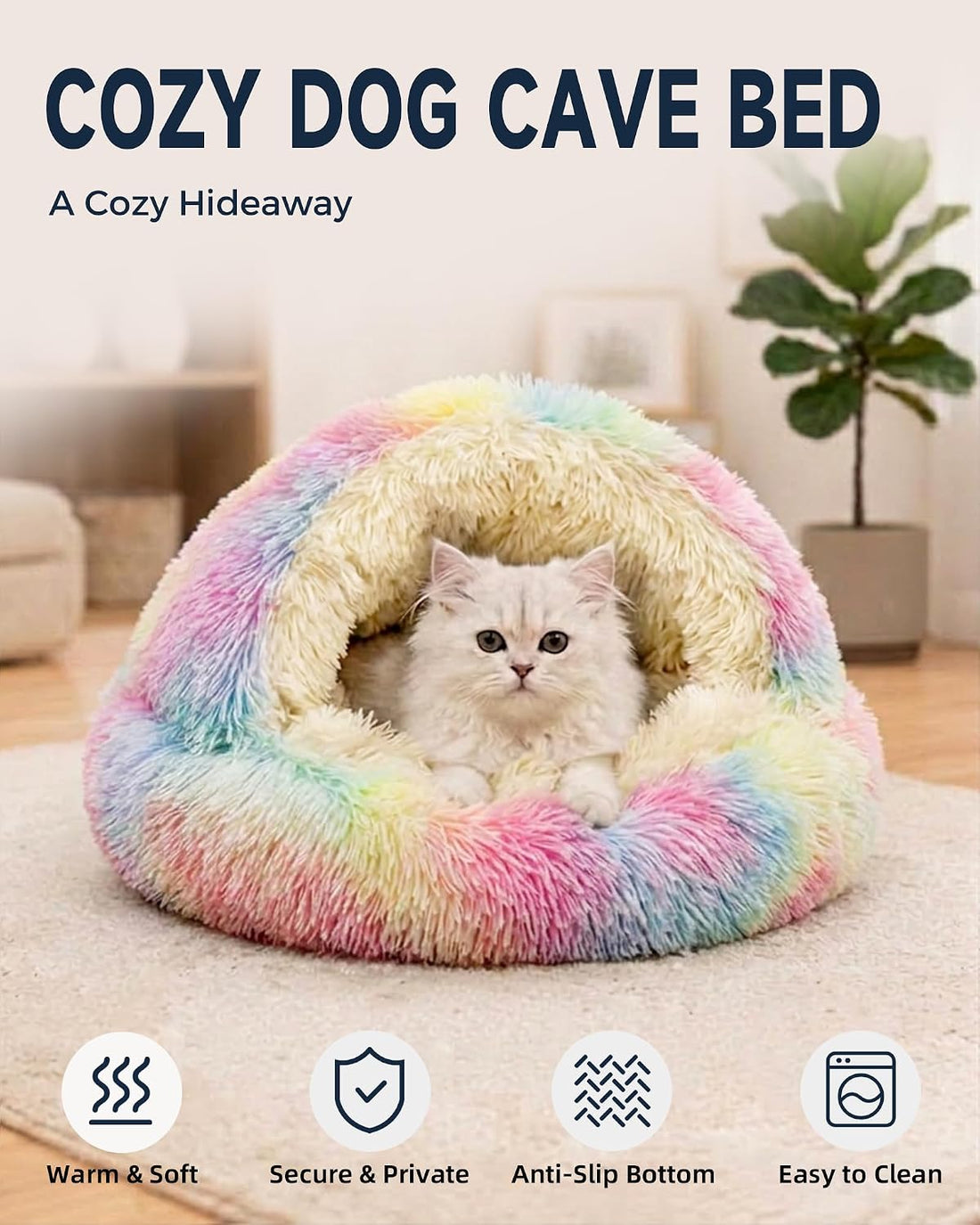 ShinHye Cat Bed Round Plush Fluffy Hooded Cave, 23×23inch