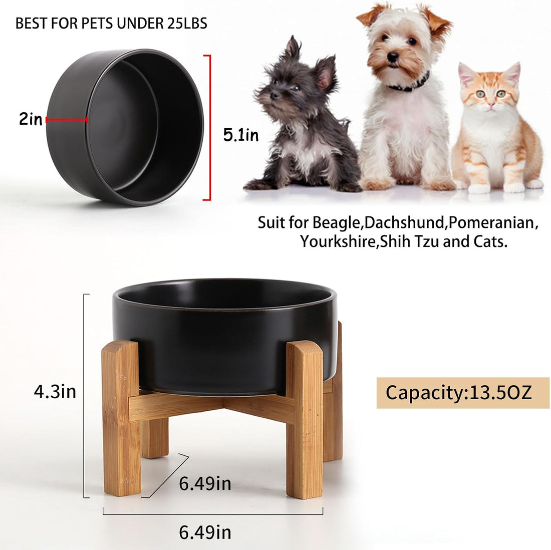 Petygooing Black Elevated/Raised Ceramic Dog Bowl for Small Breeds