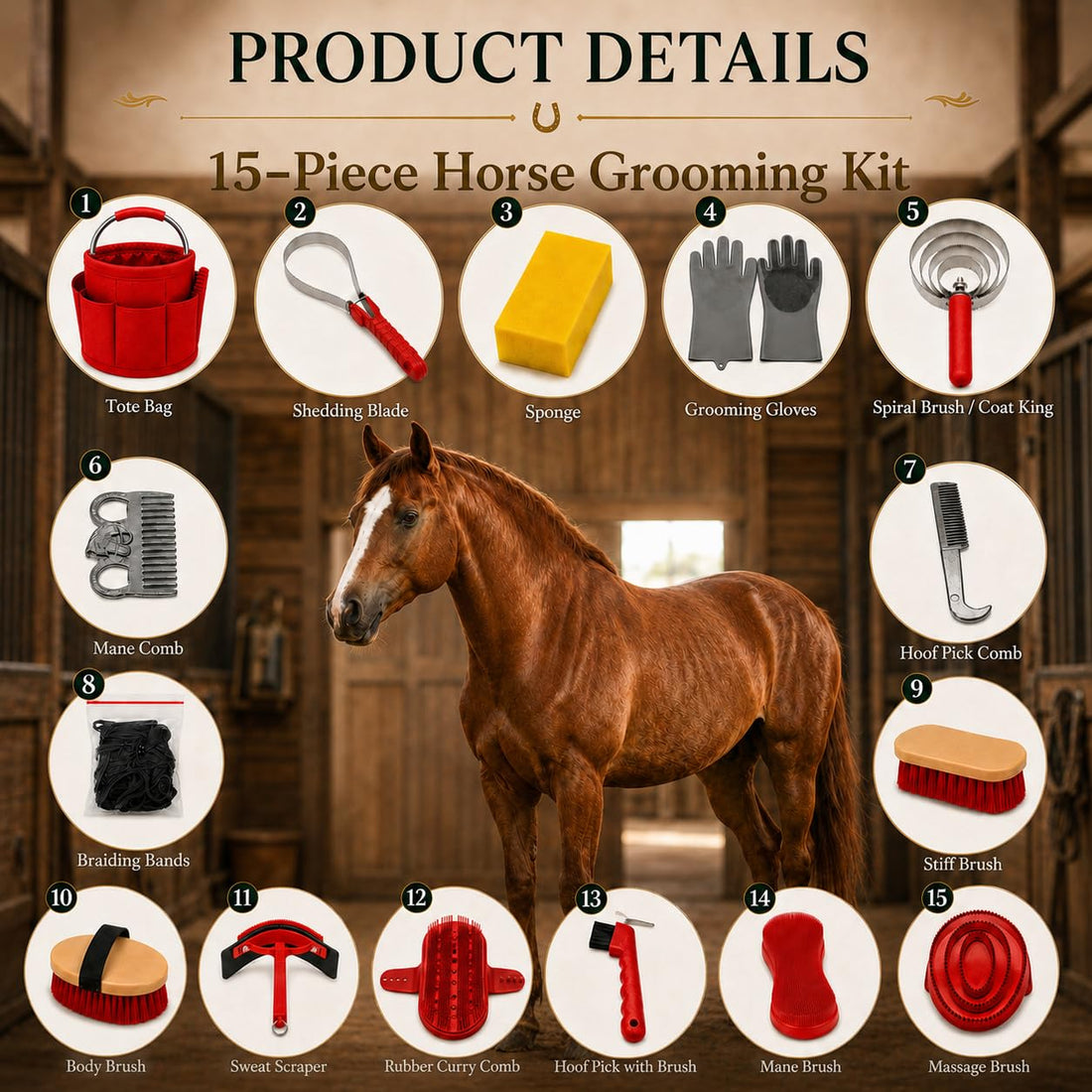 Horse Grooming Kit, 15-Piece Horse Brush Set with Red Tote Bag