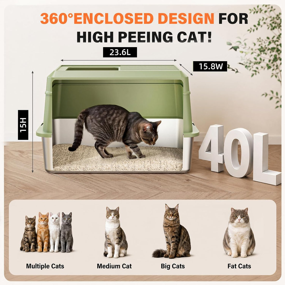XL Enclosed Stainless Steel Litter Box with Lid Include Pedal Scoop