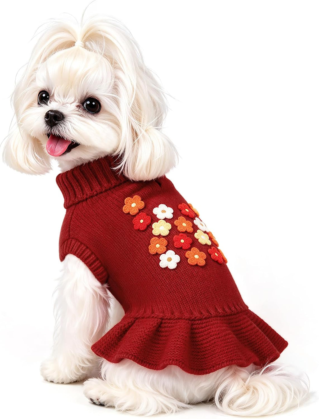WOYYHO Small Dog Sweater Dress with Crochet Flower