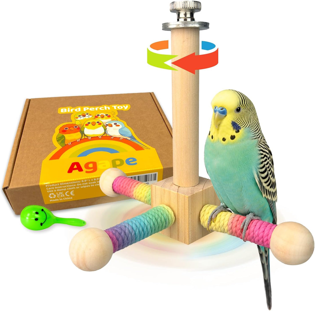 Agape 360° Rotating Bird Perch Stand, Wooden Parrot Exercise Toy
