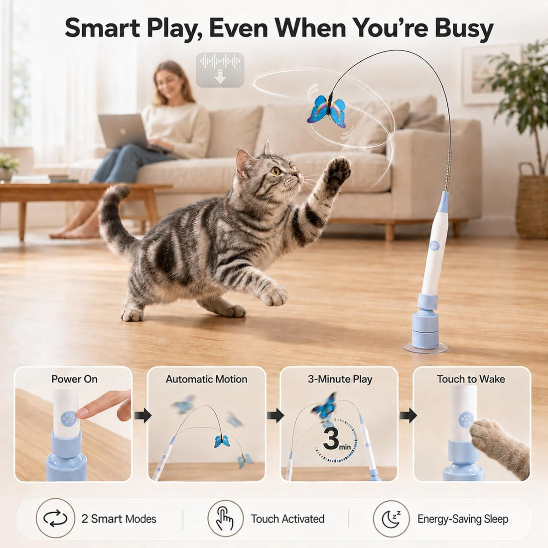 Interactive Butterfly Cat Toy Dual Mode Suction Wand Indoor Cats