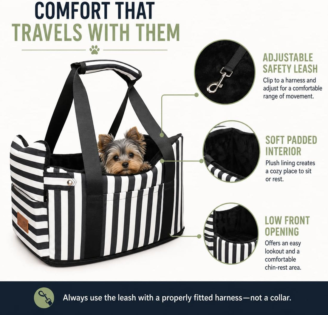 Console Dog Car Seat for Small Dogs to 15lbs (Black& White Stripes)