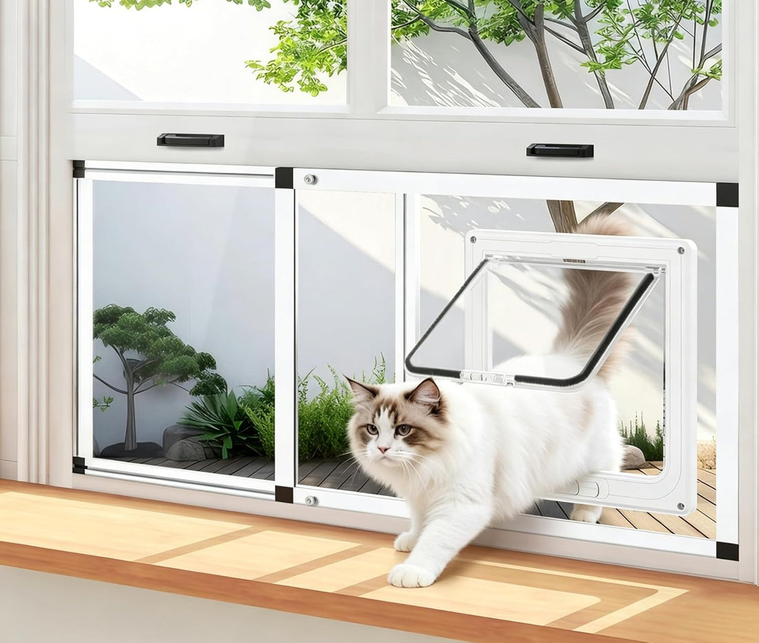 Full Glass Cat Door for Window,22"-28.5" Adjustable Width,1-Min