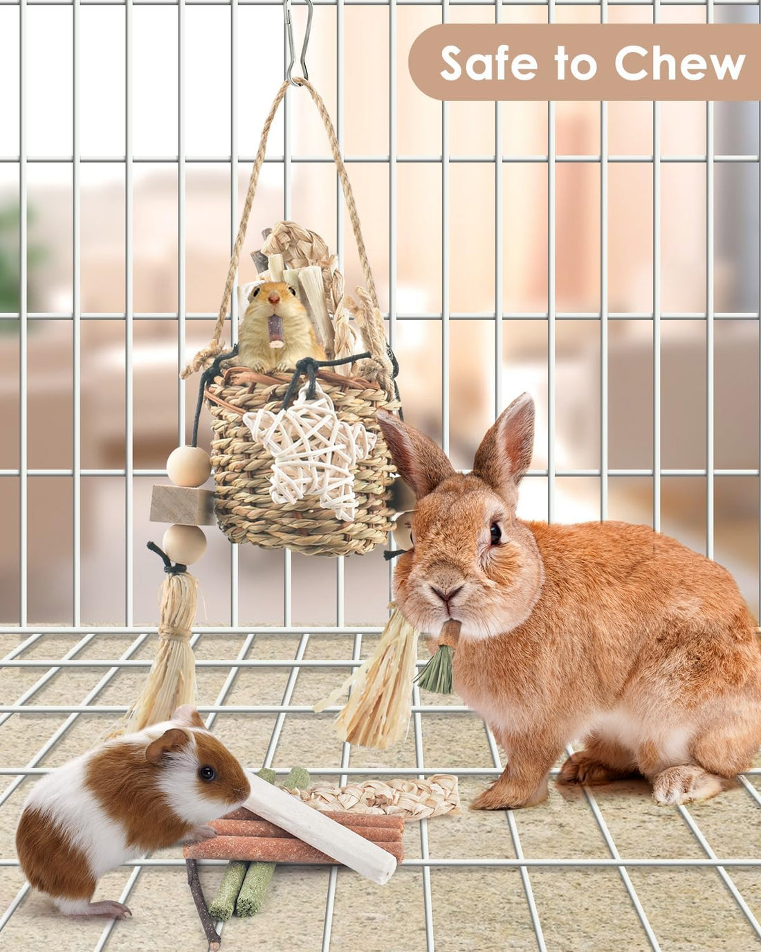 Bissap Bunny Chew Toys, Natural Seagrass Hanging Basket Chews Water