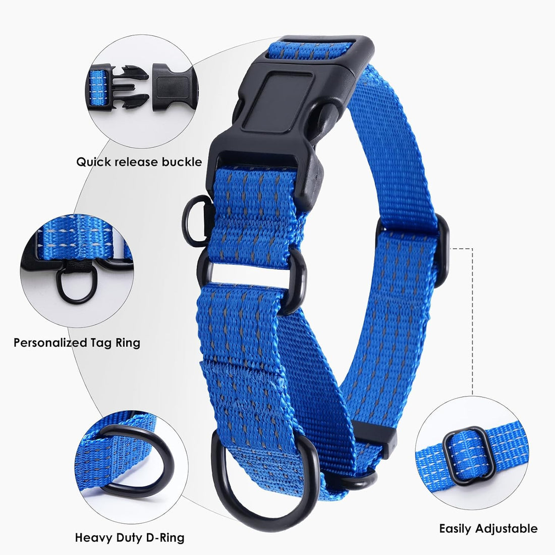Martingale Dog Collar, Reflective No Pull with Buckle, Blue, M