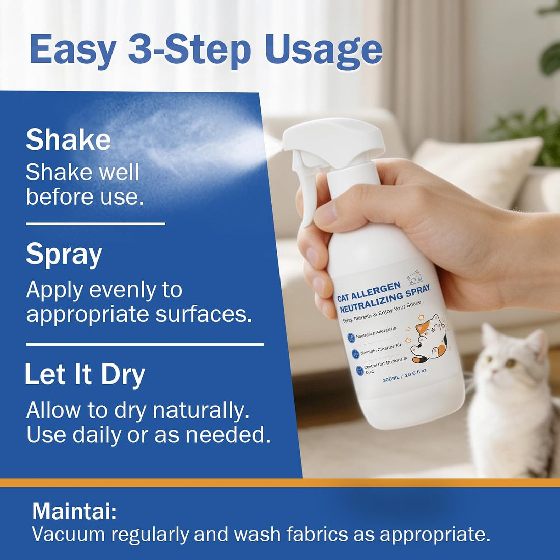 Cat Allergen Neutralizing Spray for Human & Home, Pet-Friendly Formula