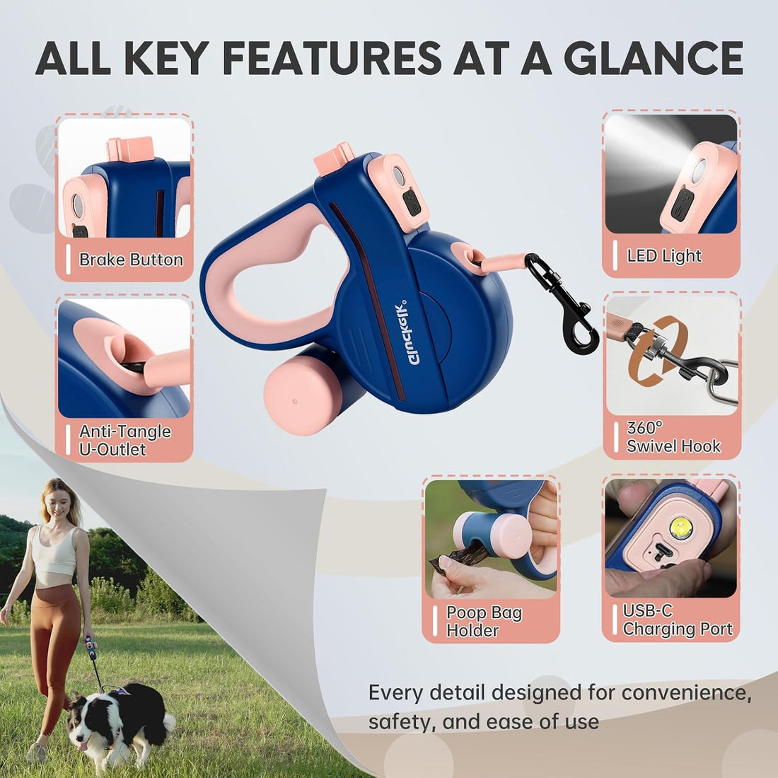 16 ft Retractable Dog Leash with LED, for Dogs Up to 44 lbs