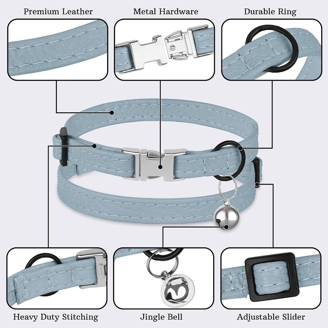 Leather Cat Collar with Buckle and Removable Bell