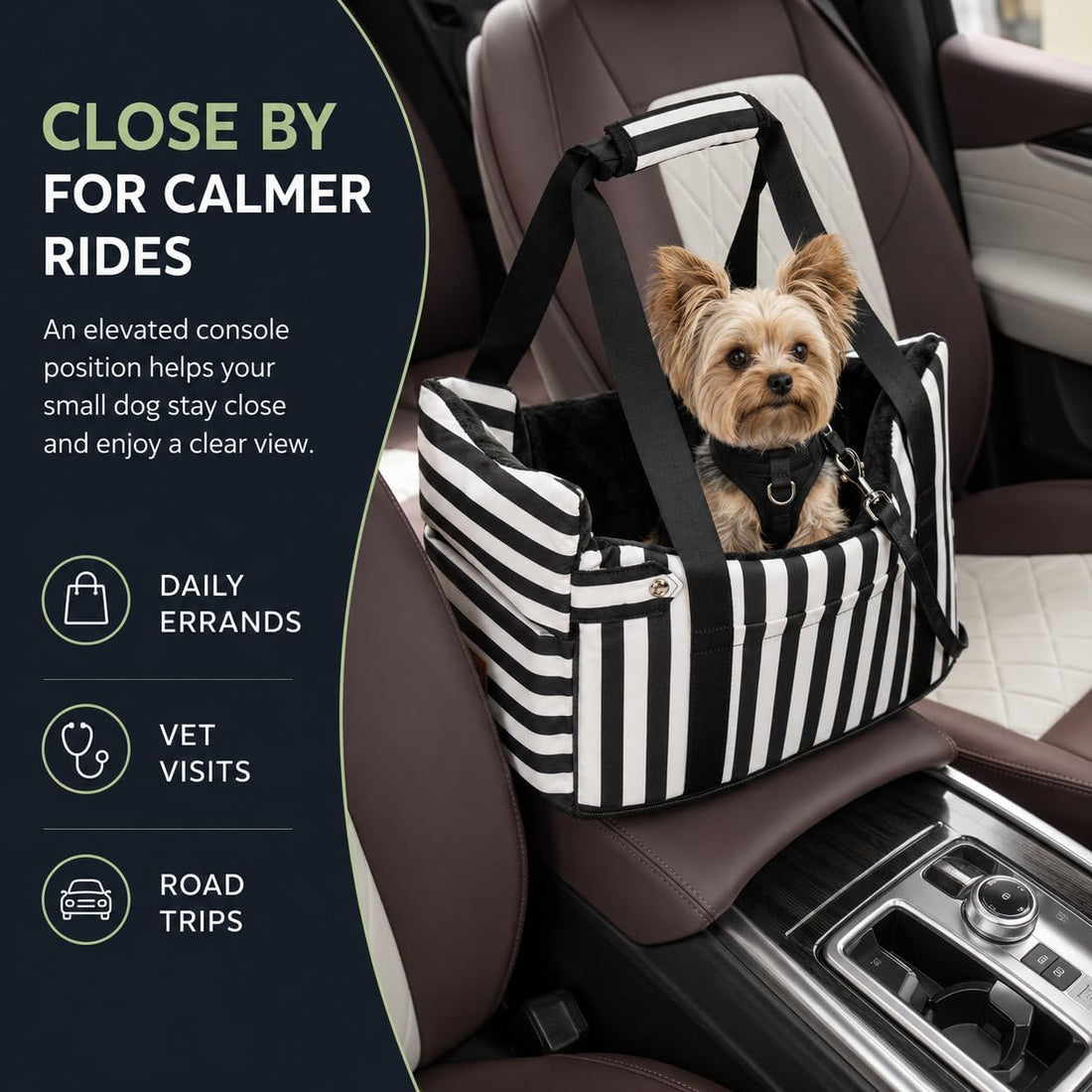 Console Dog Car Seat for Small Dogs to 15lbs (Black& White Stripes)