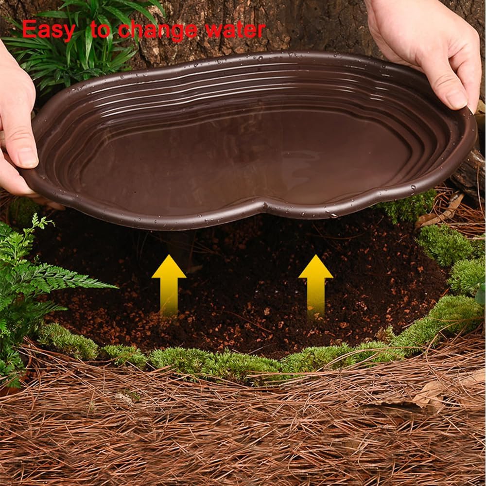 Extra Large Reptile Bathing Pool Reptile Feeding Dish Water Bowl with Ramp Aquarium Ornament for Gecko, Snake, Turtle, Bearded Dragon, Lizard Bath(Black)