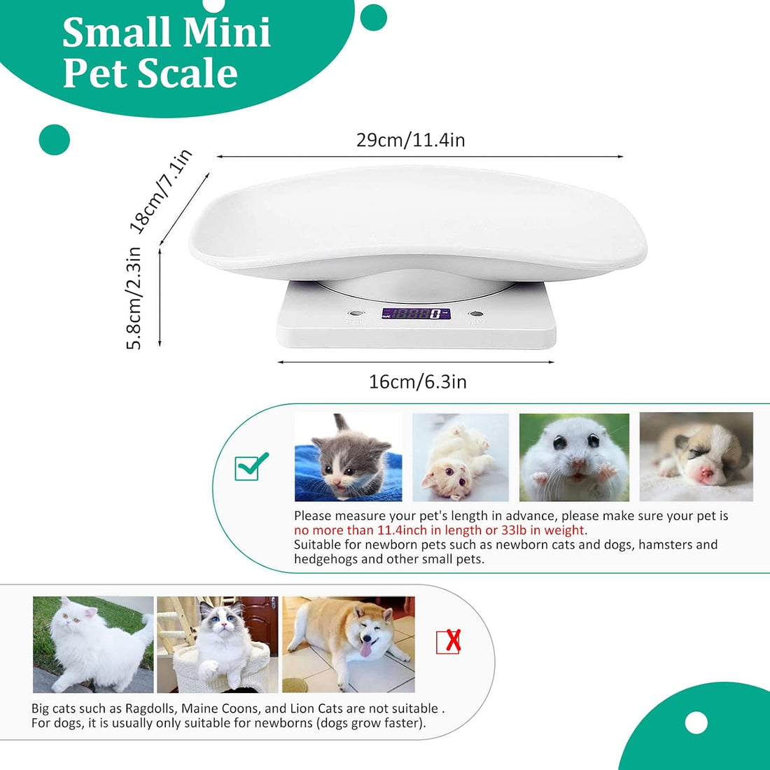 Digital Pet Scale 33 lb/15 kg, 1g Precision LED Small Animal Scale