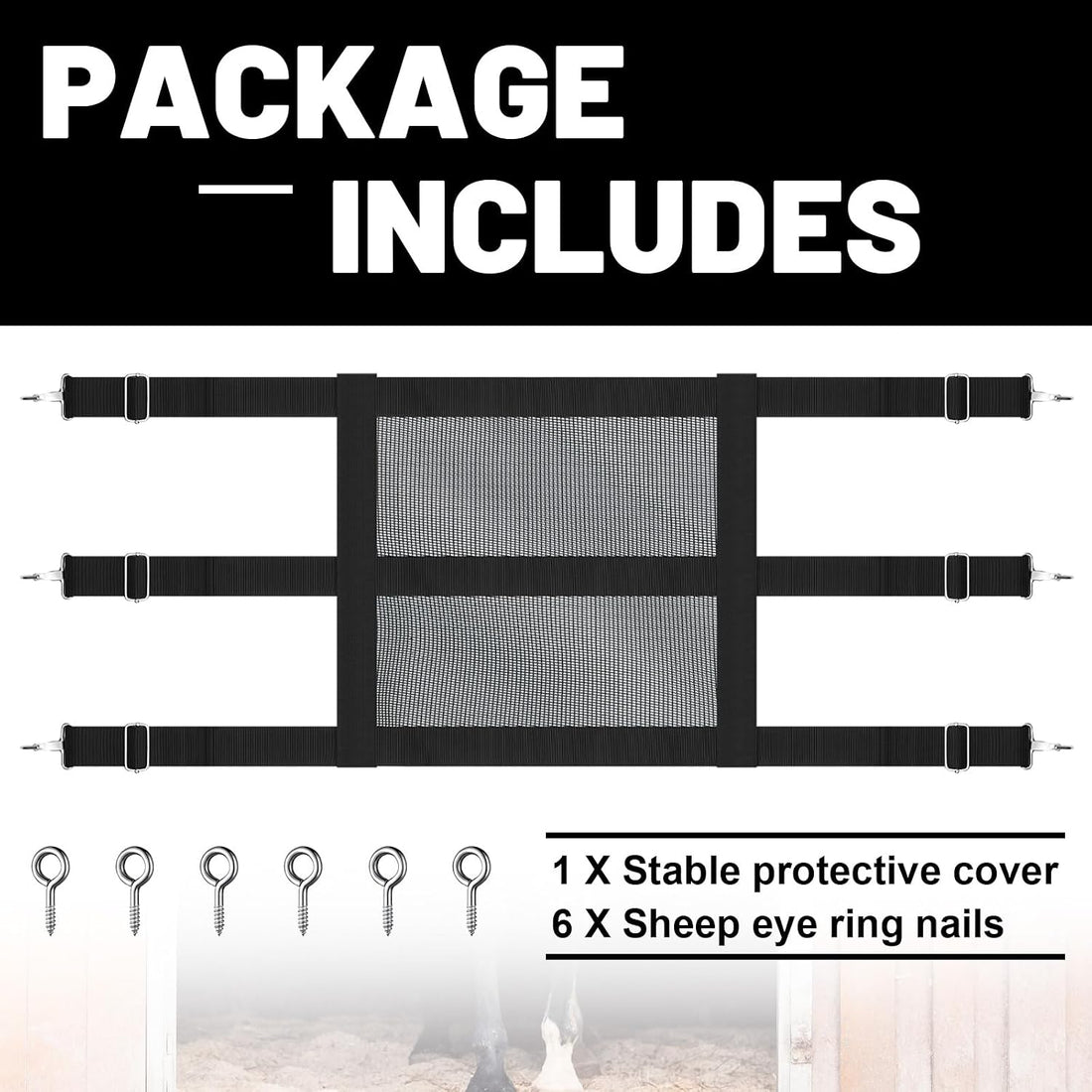 Horse Stall Guard, 57 x 18 Inch Adjustable Nylon Black Mesh Gate