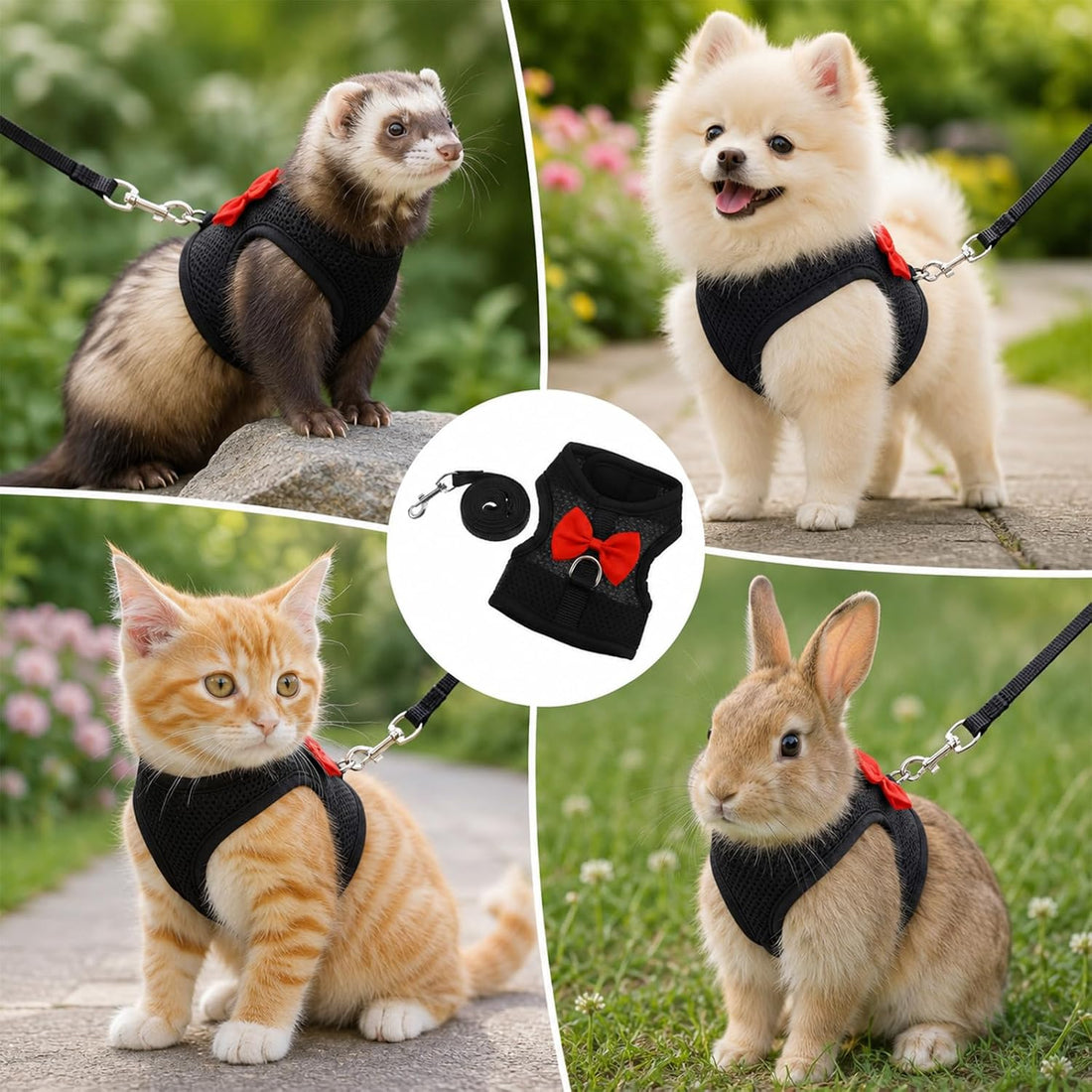 Black Rabbit Harness and Leash Set with Cute Bow for Small Pets