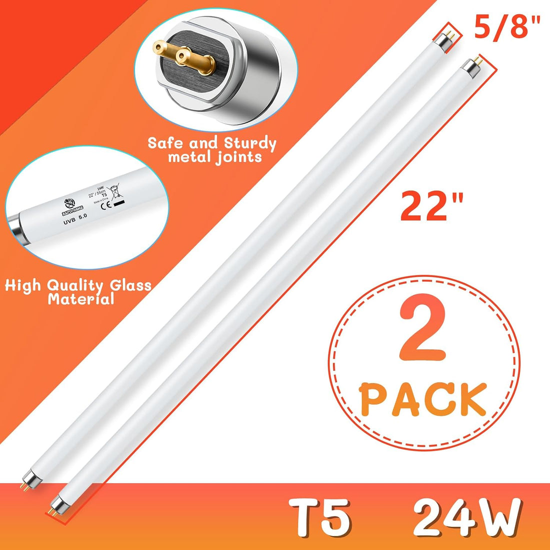 T5 UVB Reptile Light 24W 10.0,UVA UVB Light Bulb for Reptiles,2 Pack