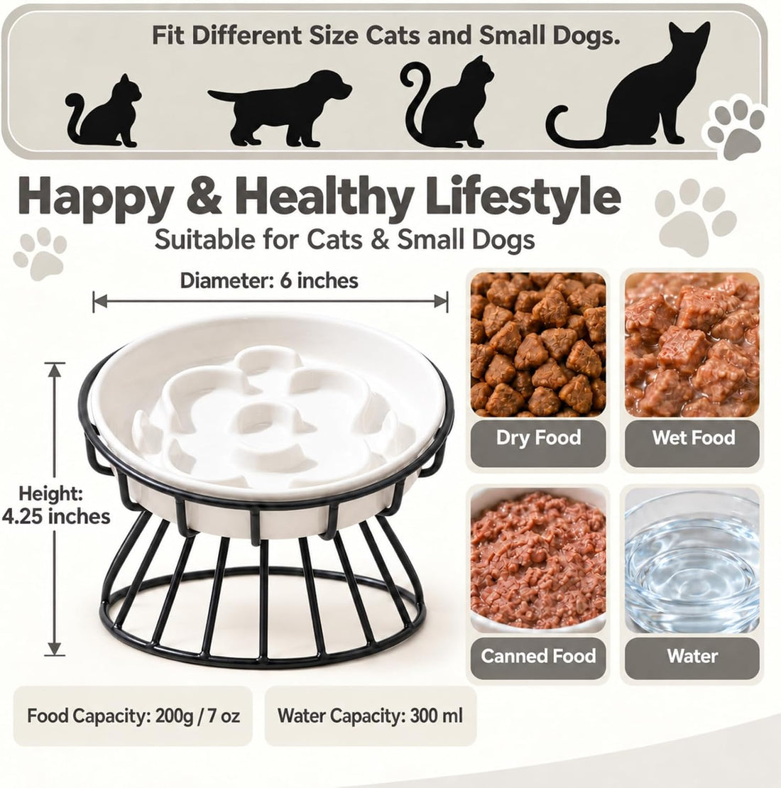Raised Slow Feeder Cat Bowl - Ceramic Cat Slow Feeders with Stand