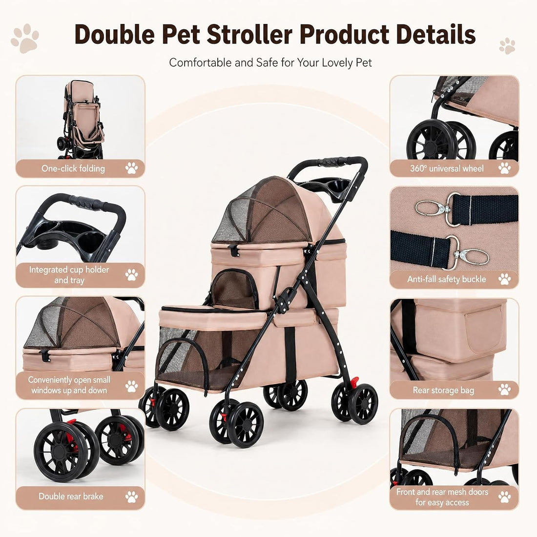 YYW Double Pet Stroller Foldable 2 Carriages Cup Holder Lockable Khaki