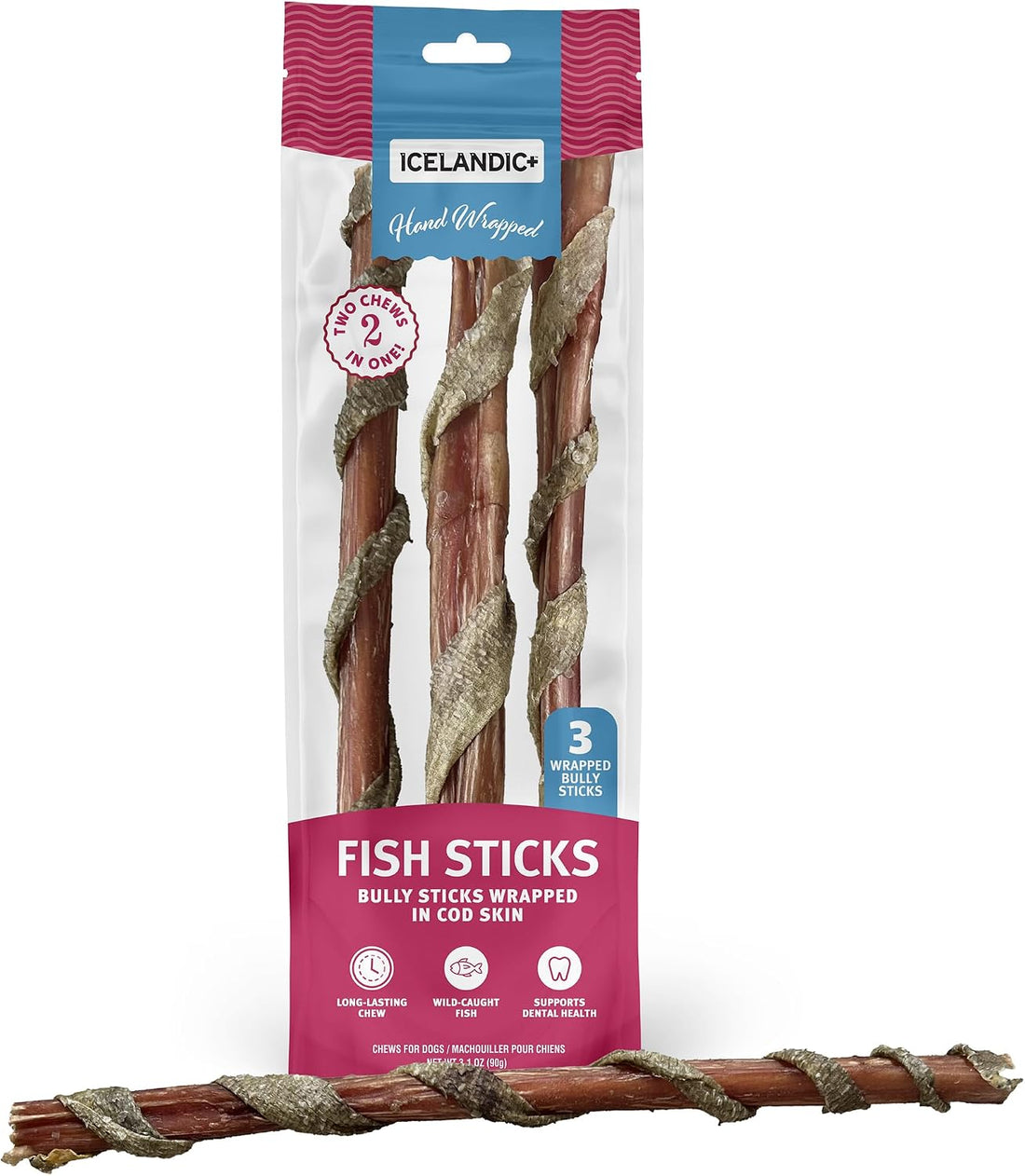 Icelandic+ 3 Pack 12" Hand-Wrapped Bully Sticks in Cod Skin Fish Dog