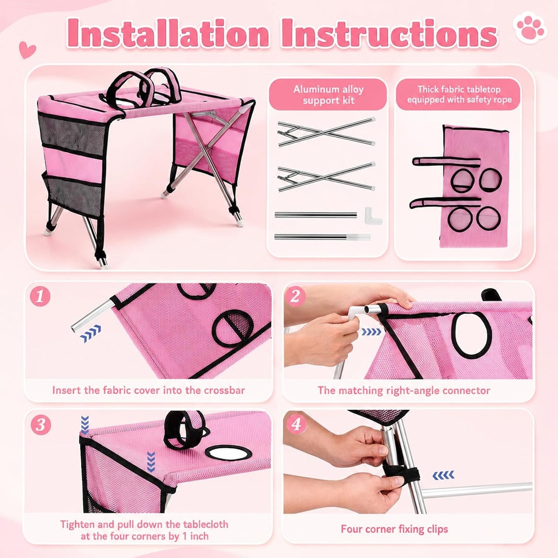 Dog Grooming Hammock with Stand for Small Dogs and Cats, Pink