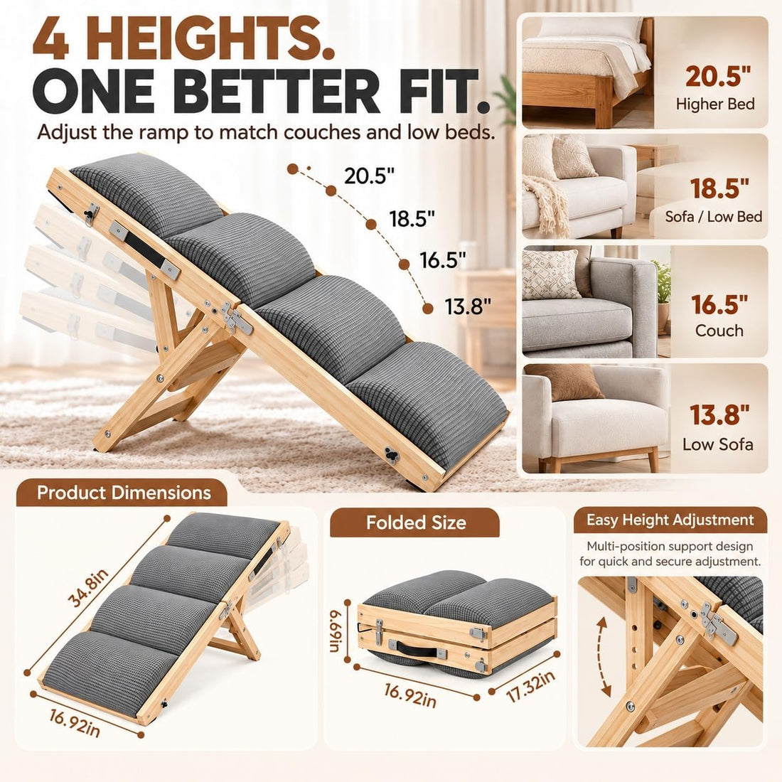Dog Ramp for Bed & Couch, Folding & Ajustable Pet Steps 13.8''