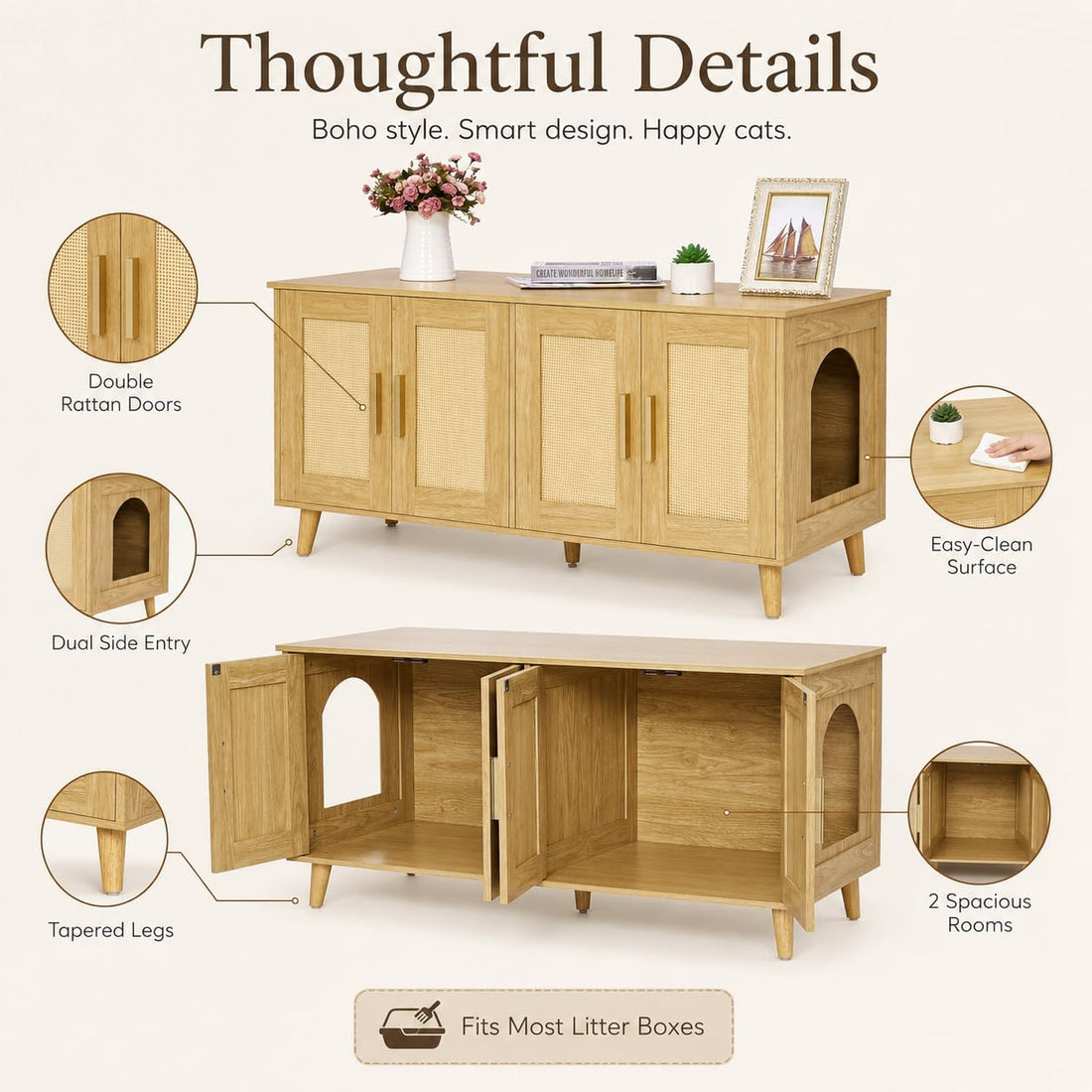 Homhedy Boho Cat Litter Box Enclosure for 2 Cats