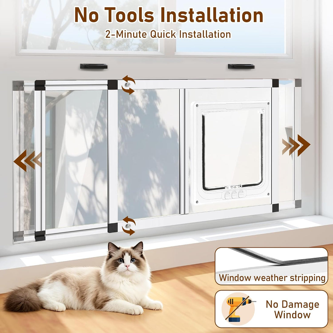 Full Glass Cat Door for Window,22"-28.5" Adjustable Width,1-Min