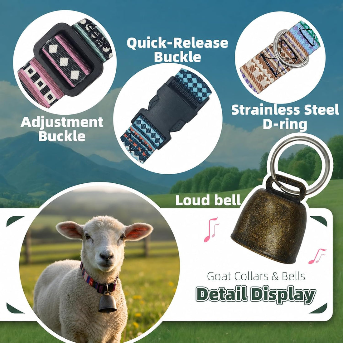 Goat Collars and Bells，Durable Nylon Adjustable Collar (Gradation)