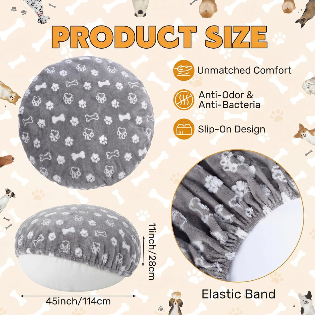 Oudain Washable Round Dog Bed Cover 30 x 30 x 10 Gray Paw Bone Prints