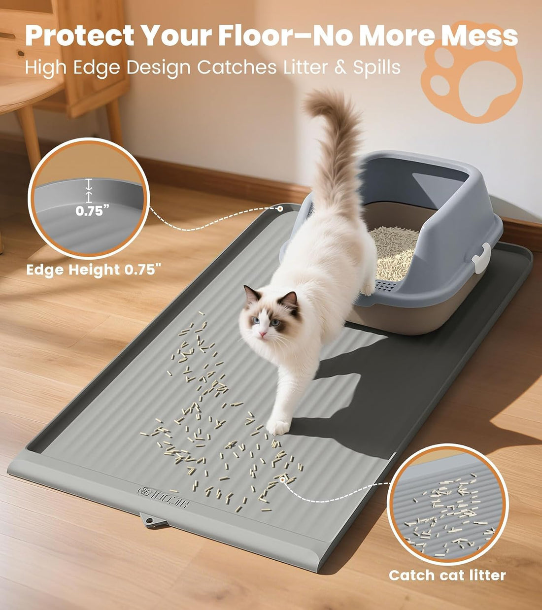 Cat Litter Mat 36"x24", Waterproof Litter Trapping Mat, Grey