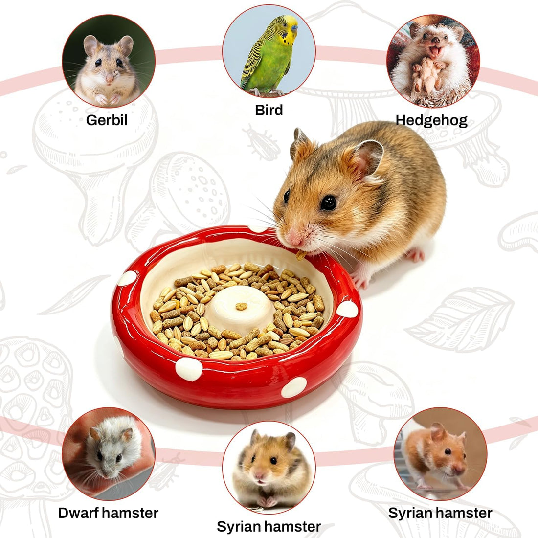 Hamster Mushroom Cap Shape Ceramic Food Bowl, Anti-Spill Non-Tip