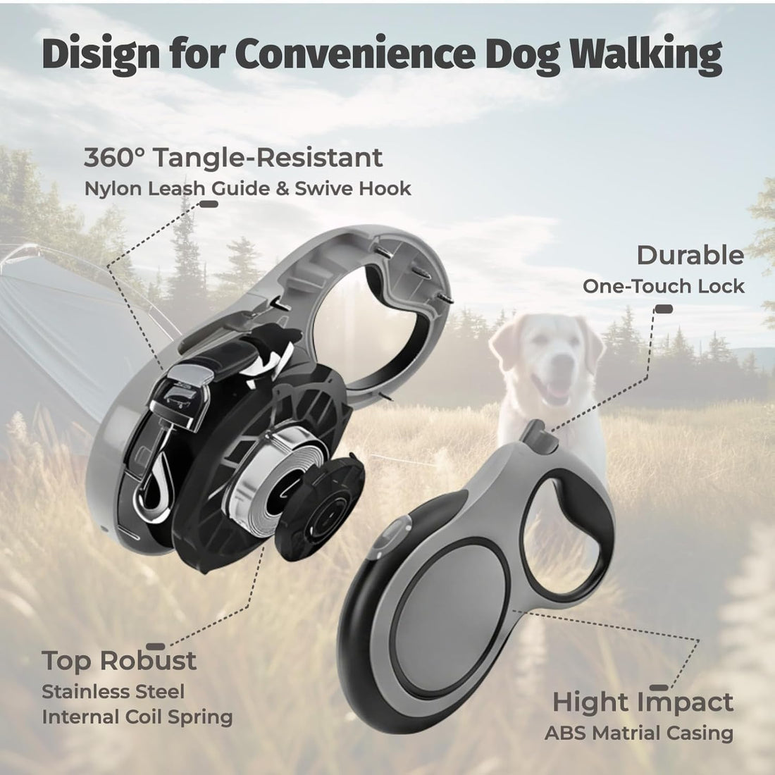 Retractable Dog Leash 26ft for Large Dogs up to 110lbs, Gray