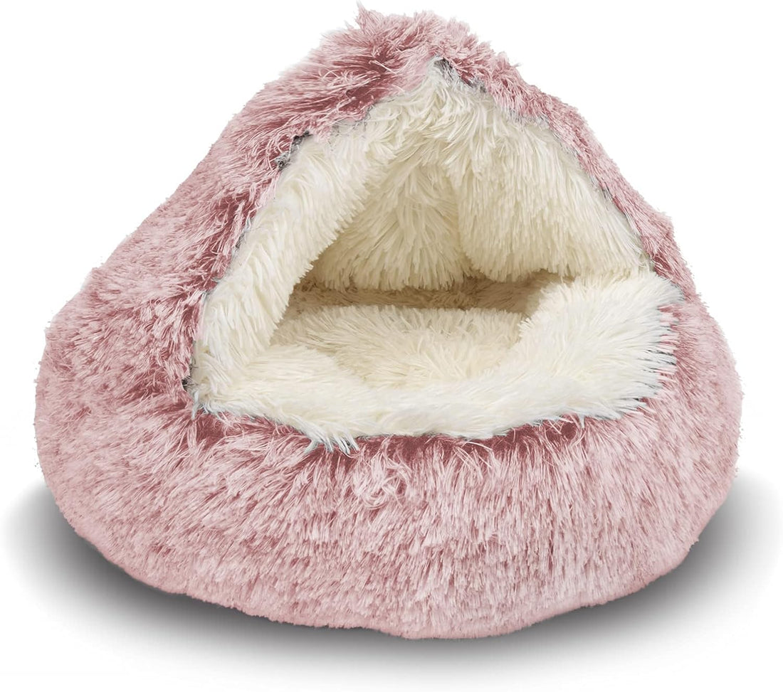 ShinHye Cat Bed Round Plush Fluffy Hooded Cave, 23×23inch