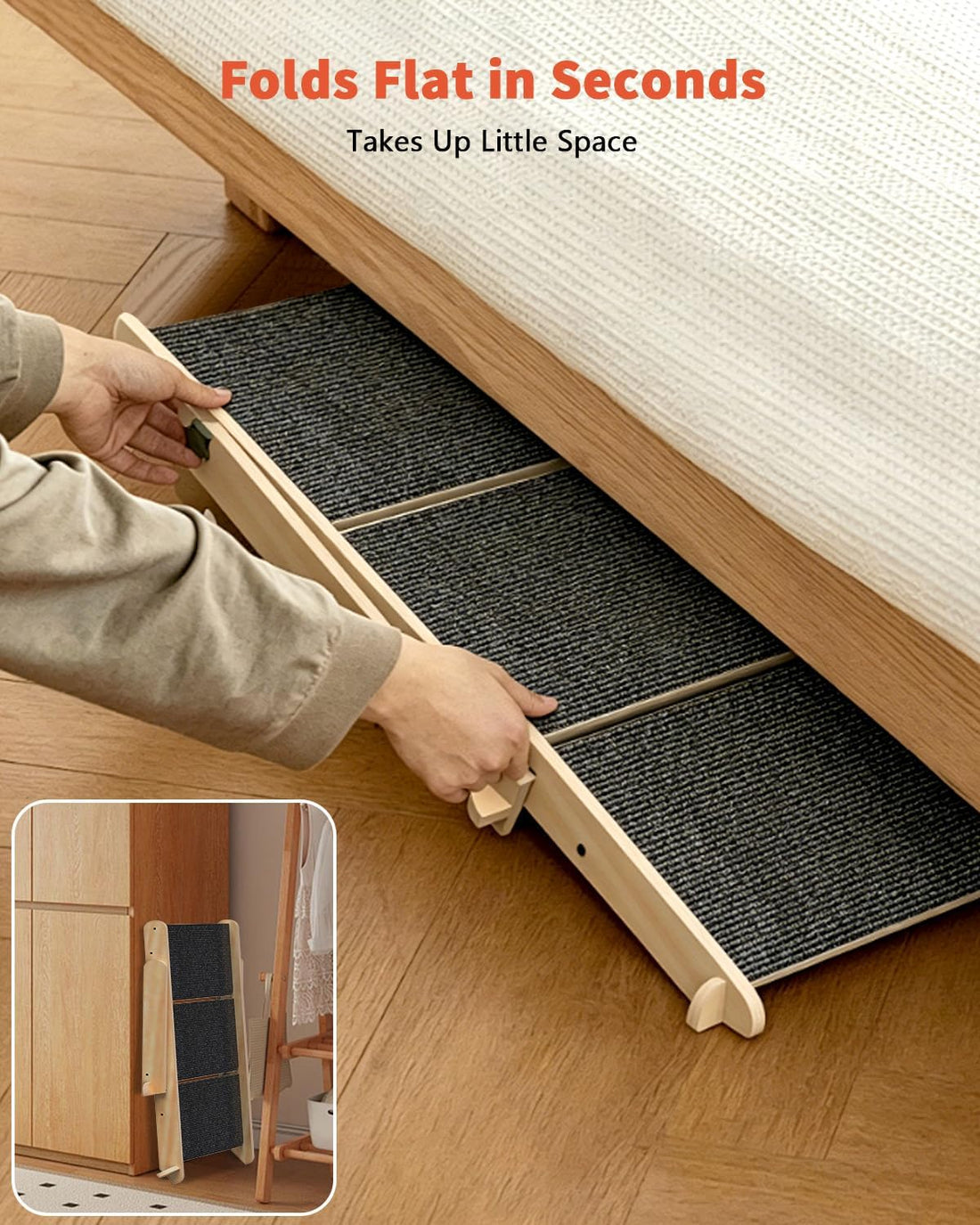Woodure Foldable Dog Stairs, Convertible 3-Step Wooden Dog Ramp