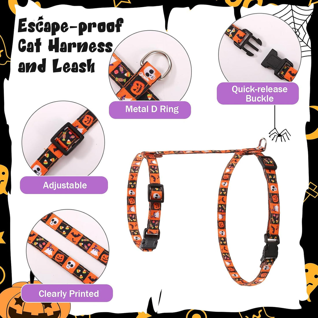 2 Pack Halloween Cat Harness and Leash Breakaway Cat Collars with Bow