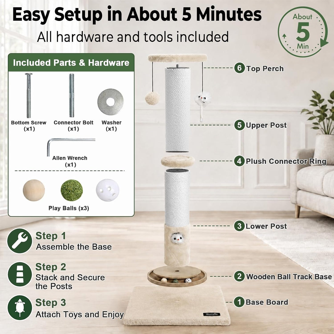 35-Inch Tall Cat Scratching Post, Stable Base for Large Cats