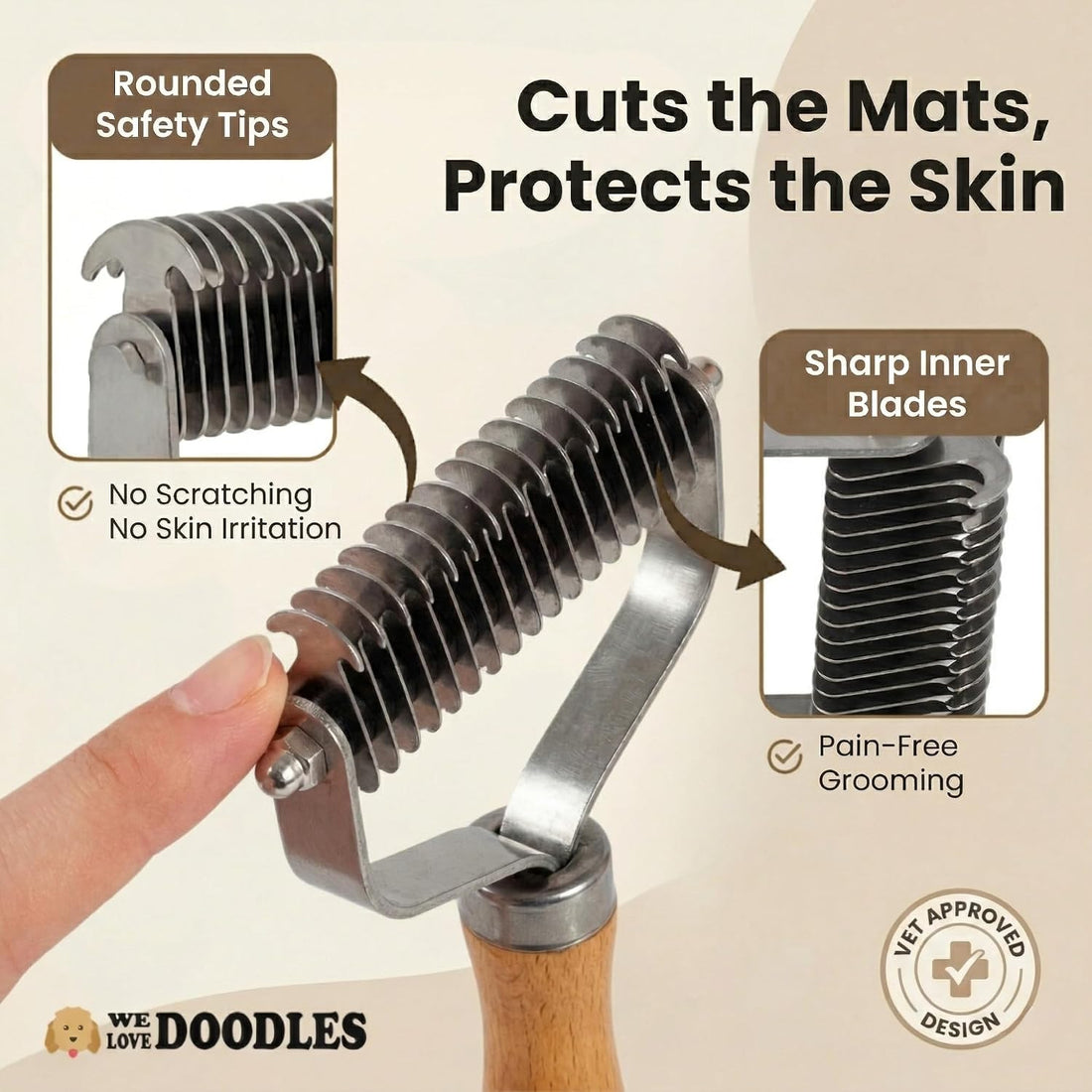 Pet Dematting Comb for Dogs and Cats with Wood Handle