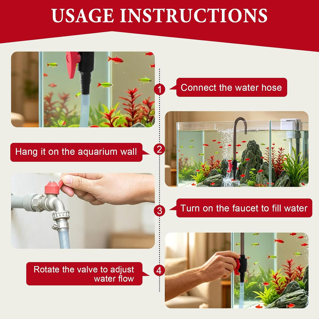Hands-Free Aquarium Water Changer Hook with Flow Control