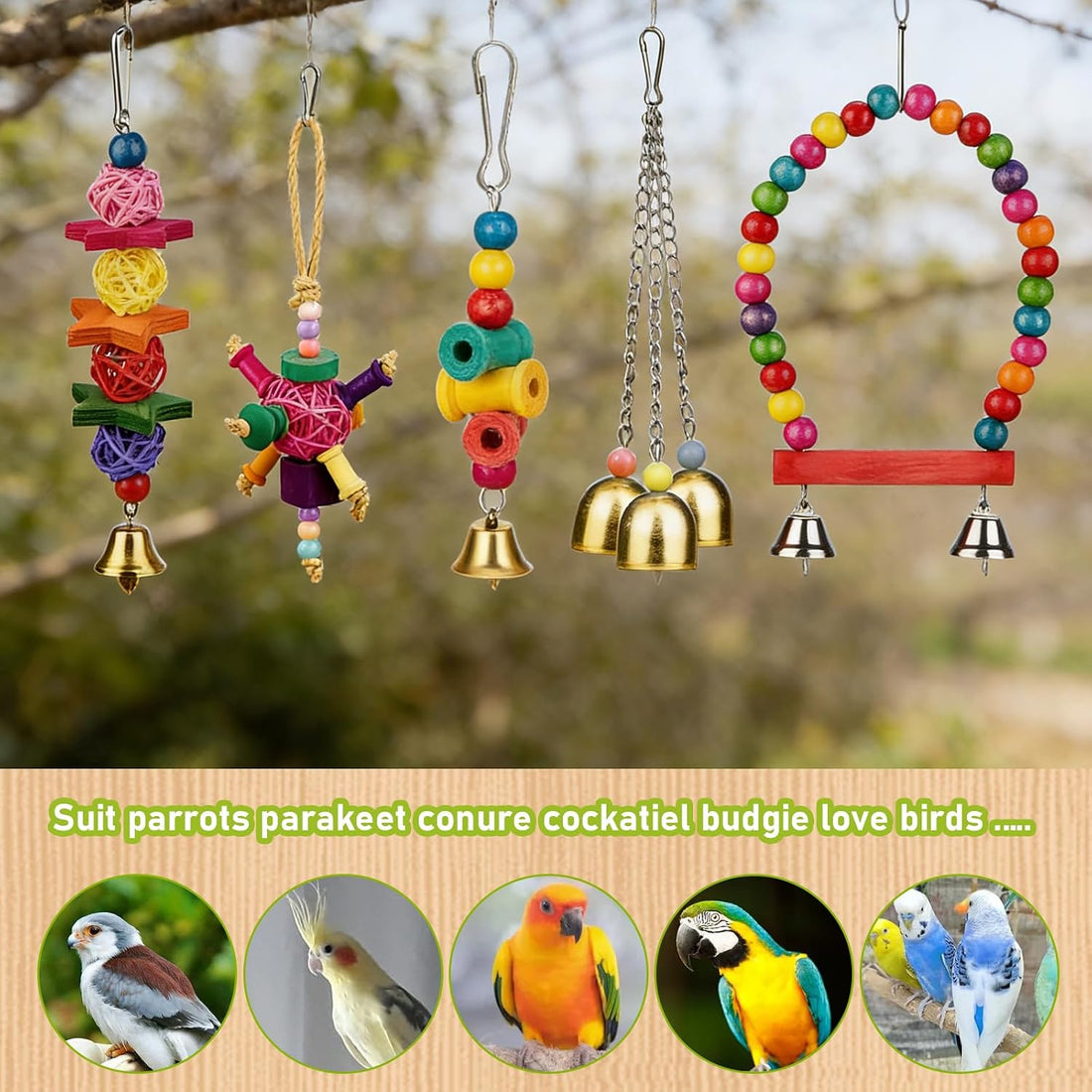 Bird Toys cage Accessories Parakeet Parrot Swing Wood Stand Perch