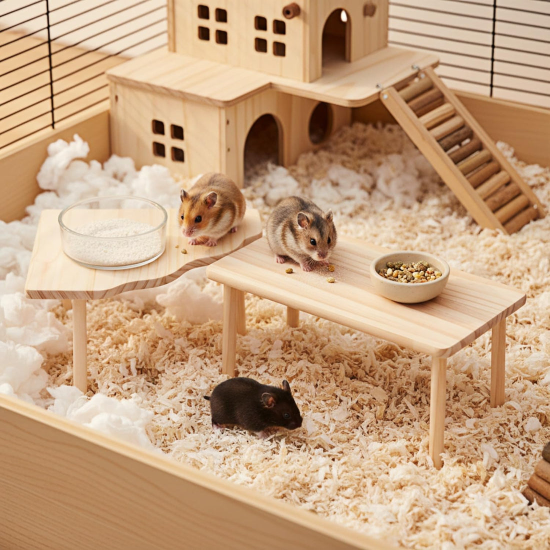 Hamster Platform Set, 2pcs Wooden Modular Playground & Hide