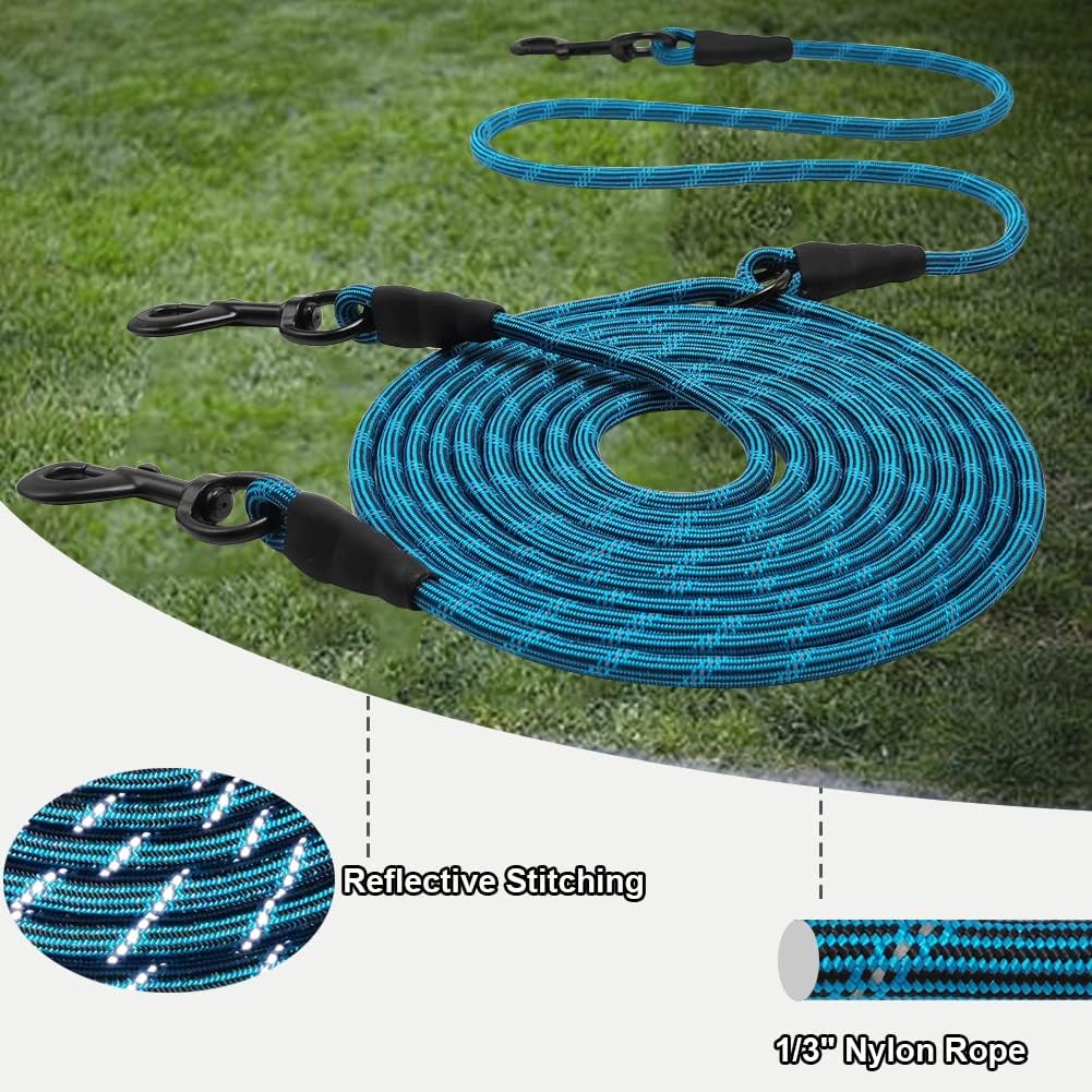 BTINESFUL 12FT 20FT 30FT 50FT Reflective Dog Tie Out for 2 Dogs, Blue
