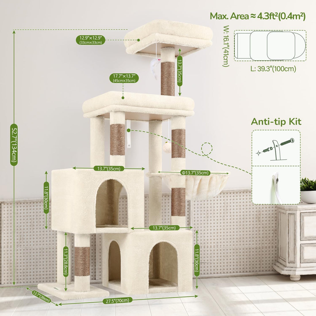 Globlazer 52in Cat Tree Tower for Indoor Cats, 2 Condos, S52