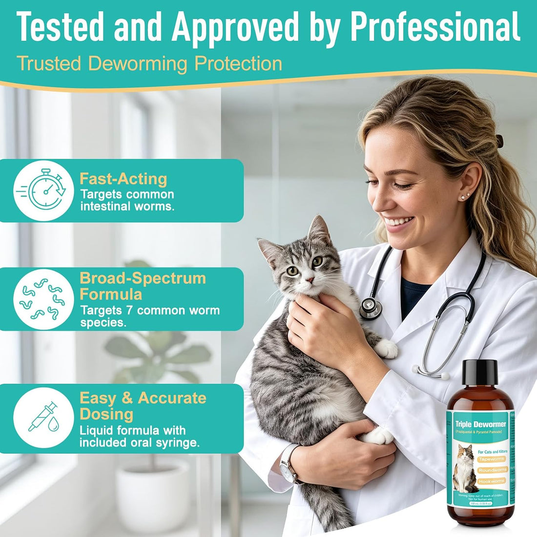 Cat Dewormer Liquid, Triple Dewormer for All Worms