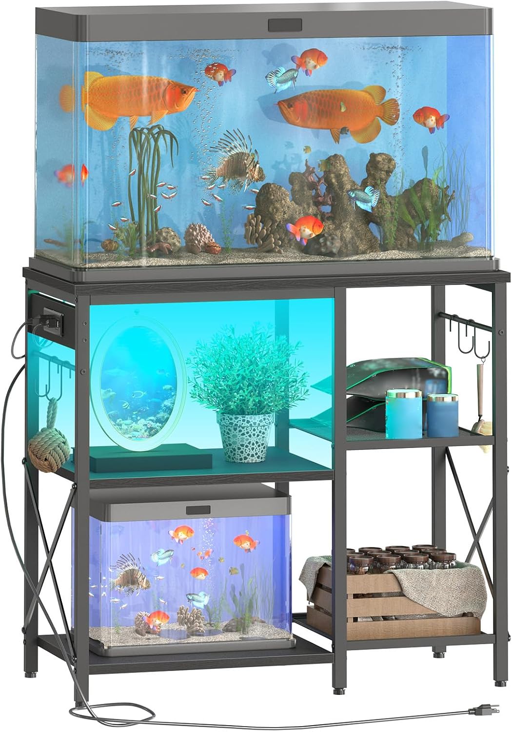 HOOBRO Fish Tank Stand with Power Outlet and LED Light, Aquarium Stand