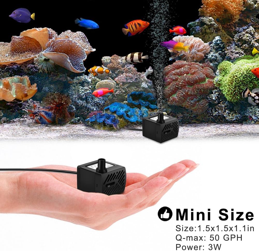 PULACO 50GPH 2Pcs Mini Fountain Pump with 3.3 ft Tubing